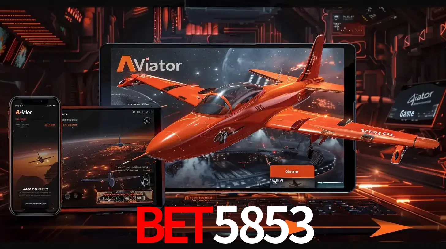 Apresentação tecnológica do jogo Aviator com um avião saindo da tela de um tablet, demonstrando a experiência imersiva em múltiplos dispositivos no bet5853.