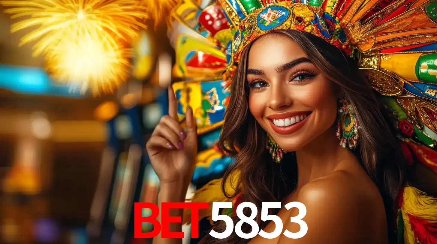 Mulher sorridente com um cocar de carnaval vibrante e colorido, celebrando uma grande vitória nos jogos do cassino bet5853 com fogos de artifício ao fundo.