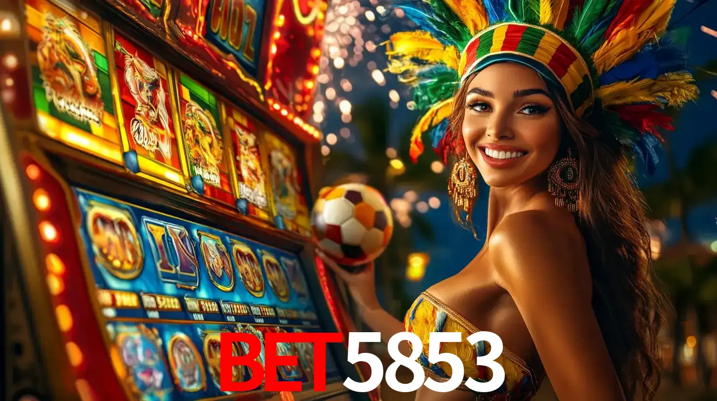 Mulher com um cocar de carnaval ao lado de uma máquina de caça-níqueis enquanto segura uma bola de futebol, mostrando a união da diversão de cassino e esportes no bet5853.