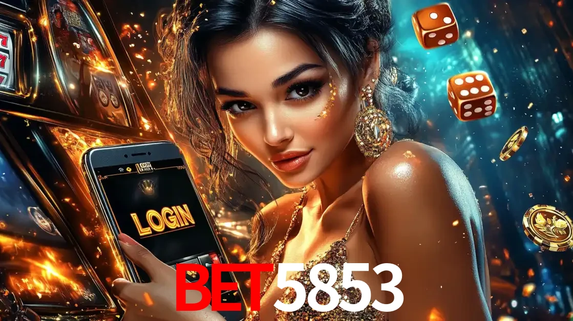 Mulher glamourosa segurando um celular com a tela de login do cassino bet5853, rodeada por dados e moedas douradas, pronta para começar a diversão.