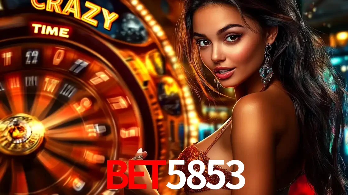 Mulher ao lado da roda de prêmios do jogo de cassino ao vivo Crazy Time, um dos shows de jogos mais emocionantes oferecidos pela plataforma de apostas bet5853.