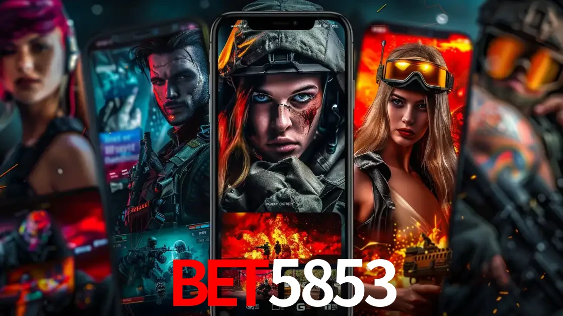 Montagem de telas de celular mostrando diversos personagens, masculinos e femininos, de um jogo de tiro, ilustrando a diversidade de equipes de e-sports para apostar no bet5853.