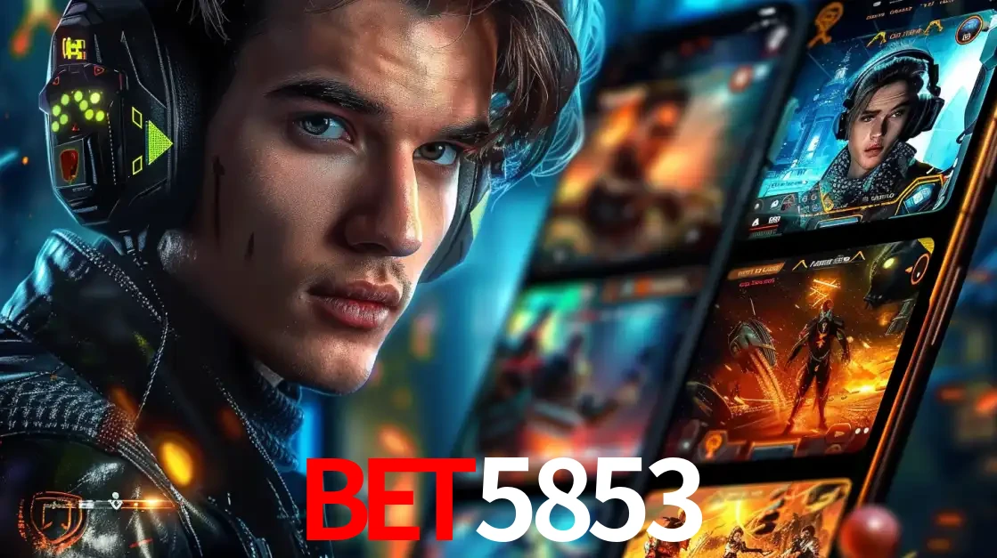 Jovem jogador com fones de ouvido olhando para a câmera, com um aplicativo de jogos e e-sports para celular ao fundo, pronto para a competição e apostas no bet5853.
