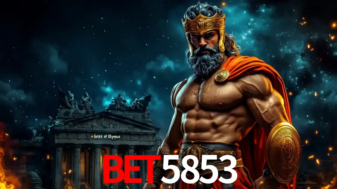 O poderoso Zeus do jogo de slot Gates of Olympus em frente ao seu templo, pronto para lançar multiplicadores divinos e prêmios épicos no cassino online bet5853.