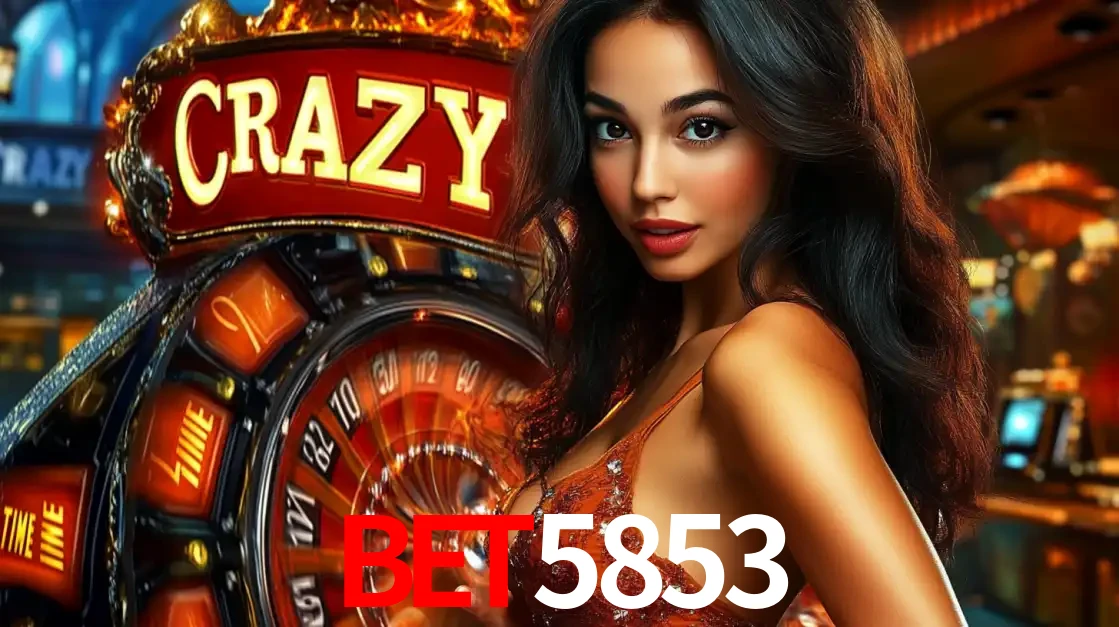 Mulher glamourosa olhando para a câmera com a roda vermelha do Crazy Time ao fundo em um ambiente de cassino, destacando a emoção dos jogos ao vivo no bet5853.