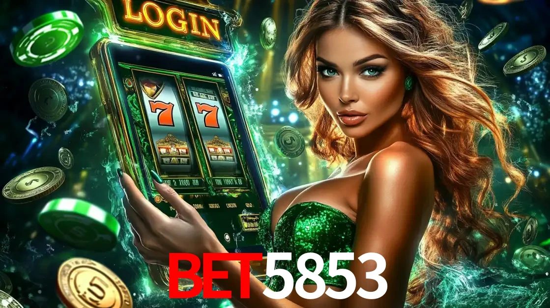 Mulher com tema verde apresentando o aplicativo do cassino bet5853 com um jogo de slot de 777, cercada por fichas de cassino e uma aura de sorte.