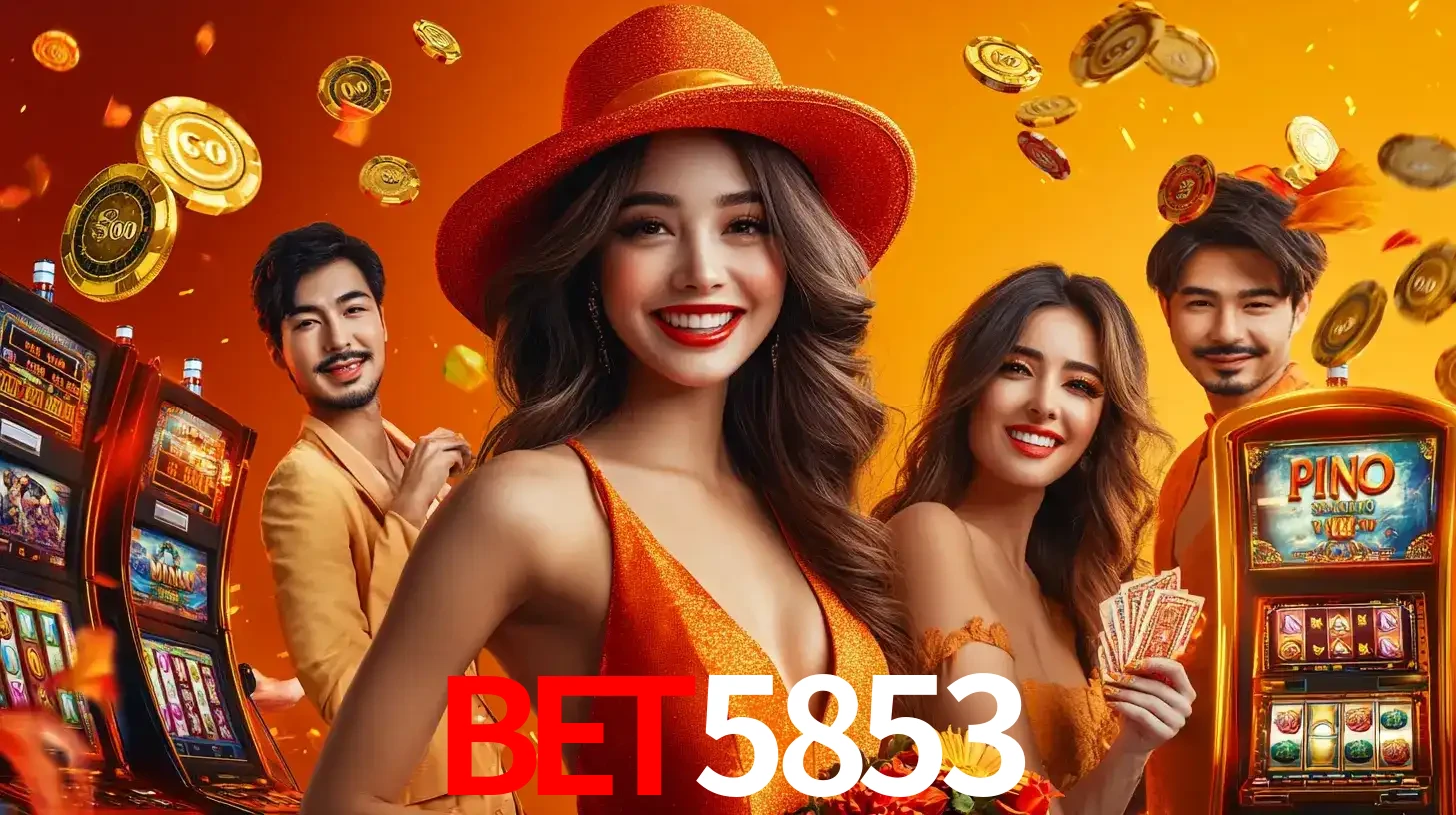 Grupo de amigos asiáticos sorrindo e se divertindo com máquinas de caça-níqueis em um ambiente festivo, celebrando suas vitórias nos jogos de cassino do bet5853.