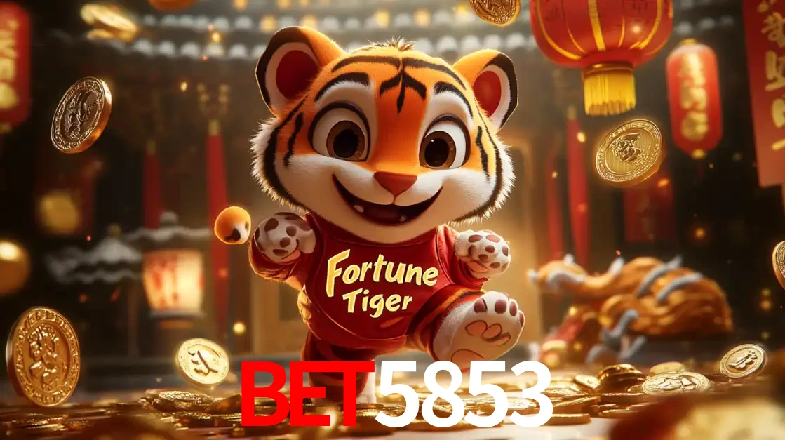 O alegre personagem do Fortune Tiger correndo sobre um caminho de moedas de ouro, simbolizando os grandes prêmios e a diversão do popular jogo de slot do bet5853.
