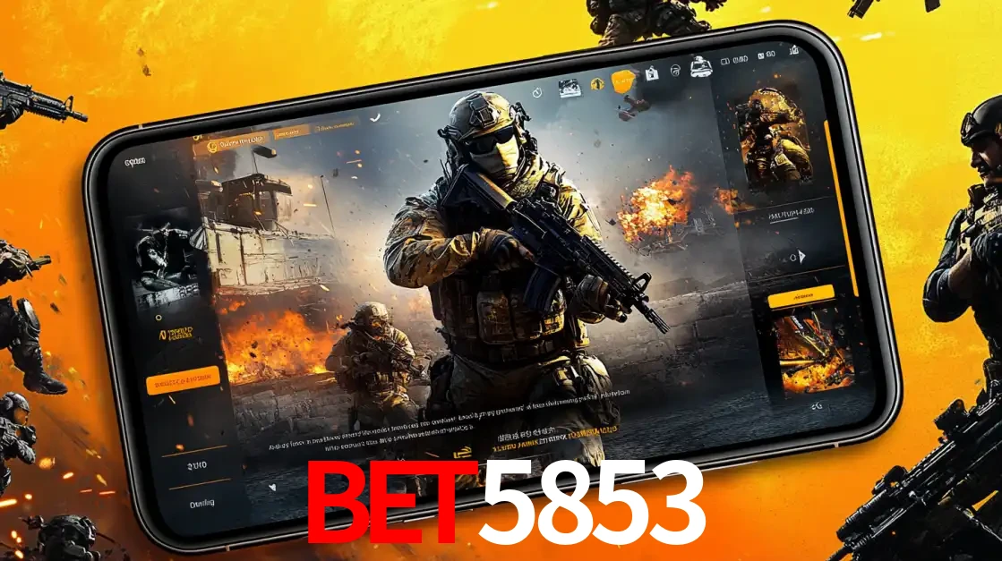Um smartphone exibindo a interface de um jogo de tiro em primeira pessoa, com um soldado em um cenário de batalha, representando a ação dos e-sports para apostar no bet5853.