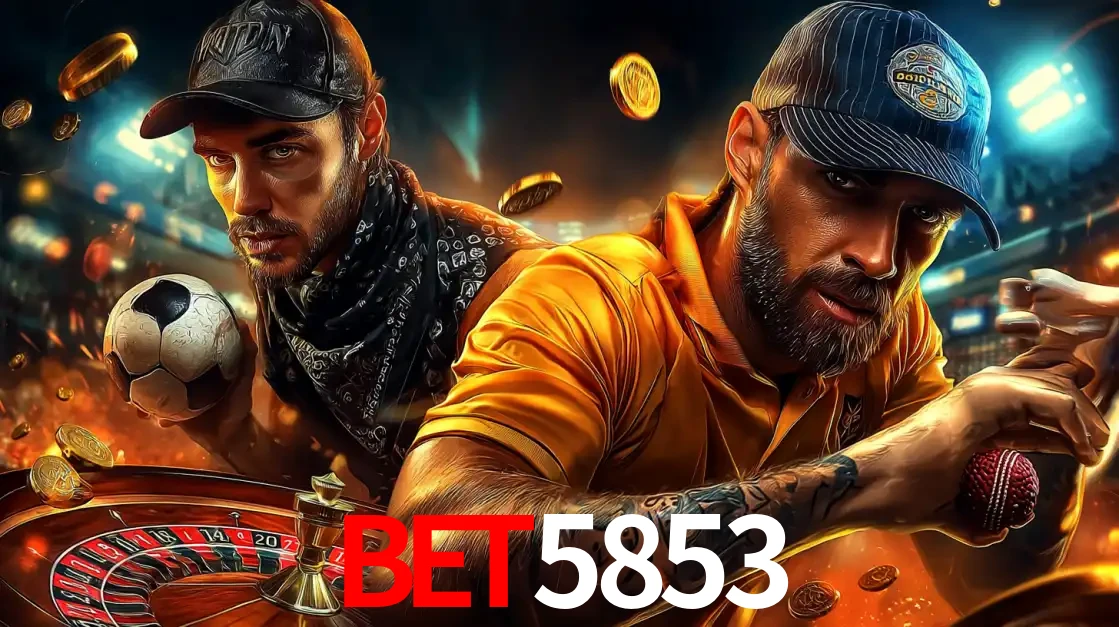 Montagem de apostas esportivas e cassino no bet5853, com um homem segurando uma bola de futebol e outro uma de beisebol sobre uma roleta e moedas voadoras.