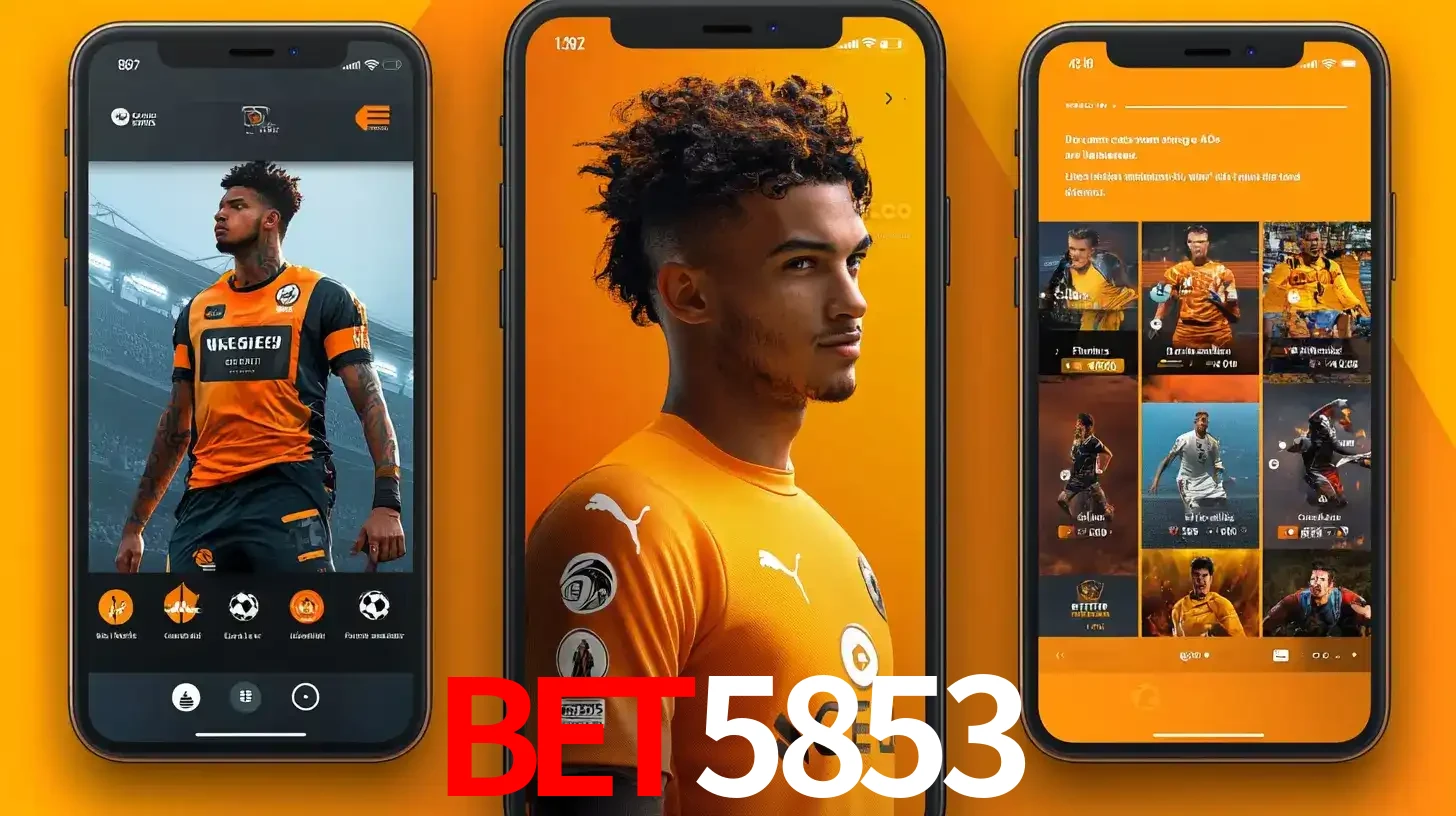 Interface do aplicativo de apostas esportivas bet5853 em três telas de celular, mostrando o perfil de um jogador de futebol e a lista de jogos disponíveis para apostar.