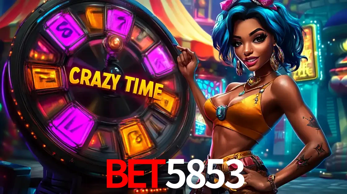 Mulher estilizada com cabelo azul e visual vibrante posando ao lado da roda de prêmios do game show Crazy Time, convidando para a diversão e os bônus do cassino bet5853.