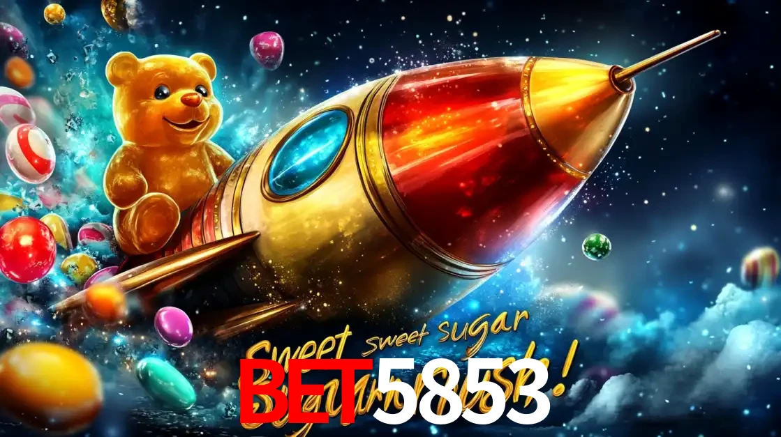 Arte promocional do jogo de slot Sugar Rush, com um urso de pelúcia em um foguete viajando pelo espaço de doces, um dos jogos divertidos disponíveis no cassino bet5853.