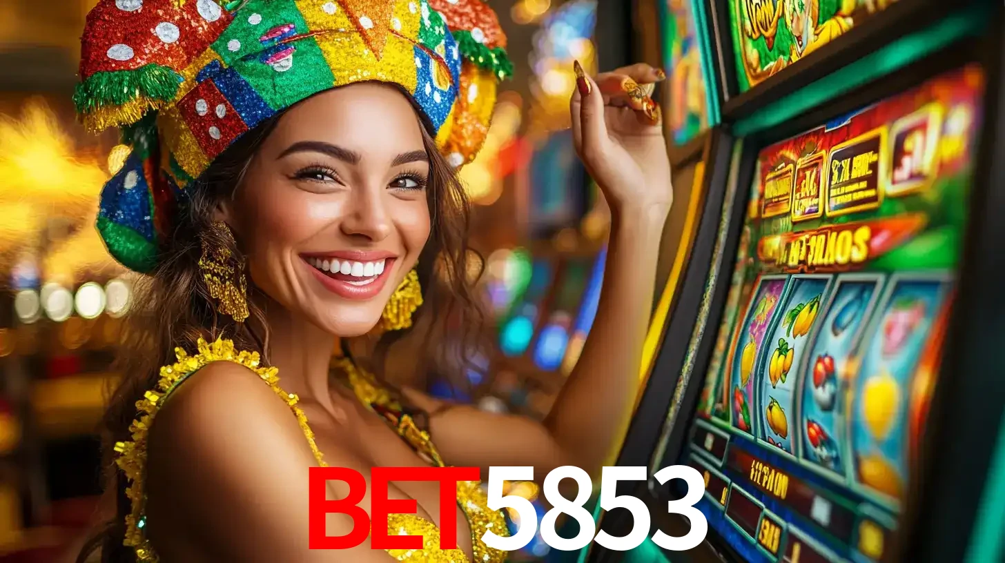 Mulher feliz com traje de carnaval amarelo e colorido ao lado de uma máquina de caça-níqueis, aproveitando a diversão e os jogos temáticos do cassino bet5853.
