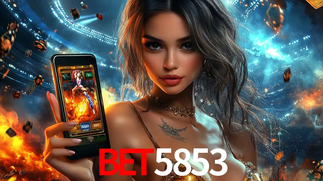 Mulher segurando um celular com um jogo de slot em destaque, tendo como fundo um estádio vibrante, simbolizando a emoção de jogar no cassino móvel bet5853.