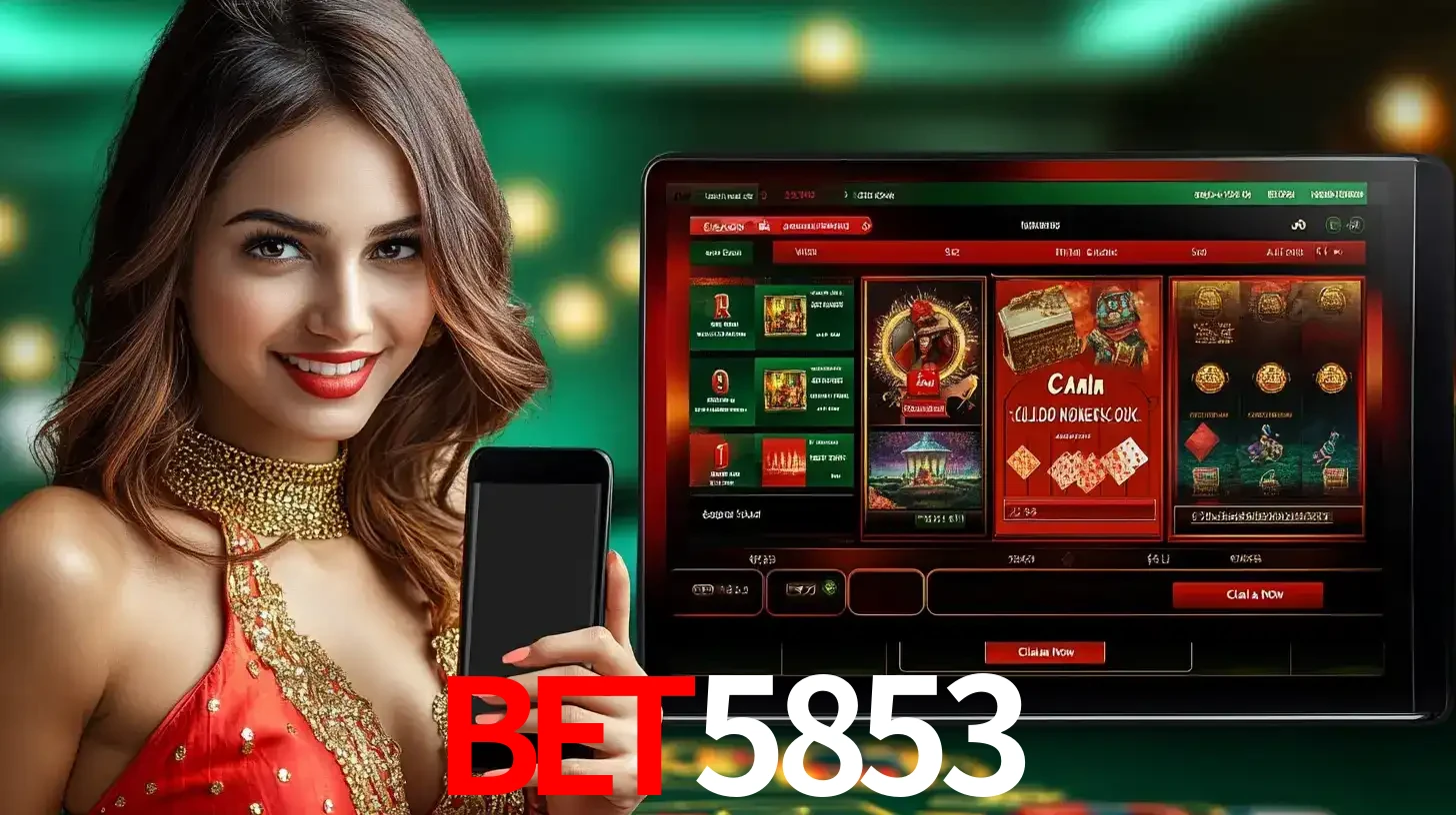 Mulher sorridente segurando um smartphone, ao lado de uma tela exibindo o lobby de jogos do cassino online bet5853, com várias opções de jogos de cartas e slots.